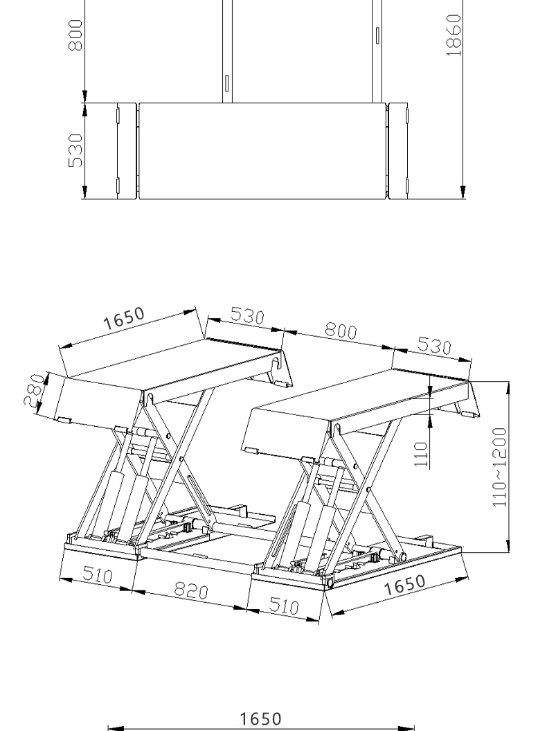 1.2 meter load-bearing 4 ton car lift, ultra-thin small shear, four cylinder scissor lift, trenchless elevator equipment