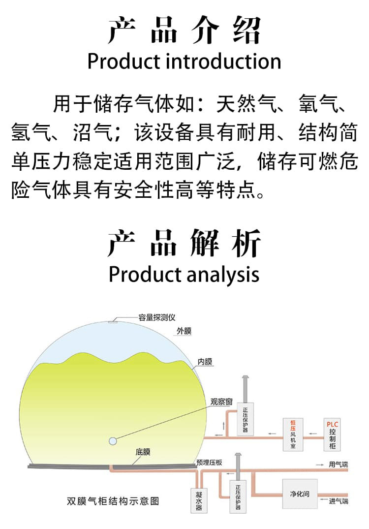 1500 cubic meter dry floor type gas storage tank, connected double membrane gas tank, hemispherical biogas project