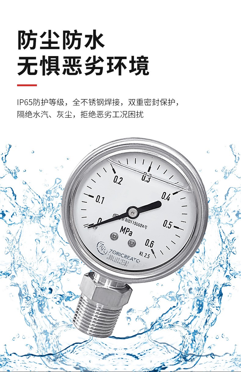 Zhuoran Tiangong all stainless steel shock proof pressure gauge Mine floor heating household air pump Water filter Wika replaces Wika