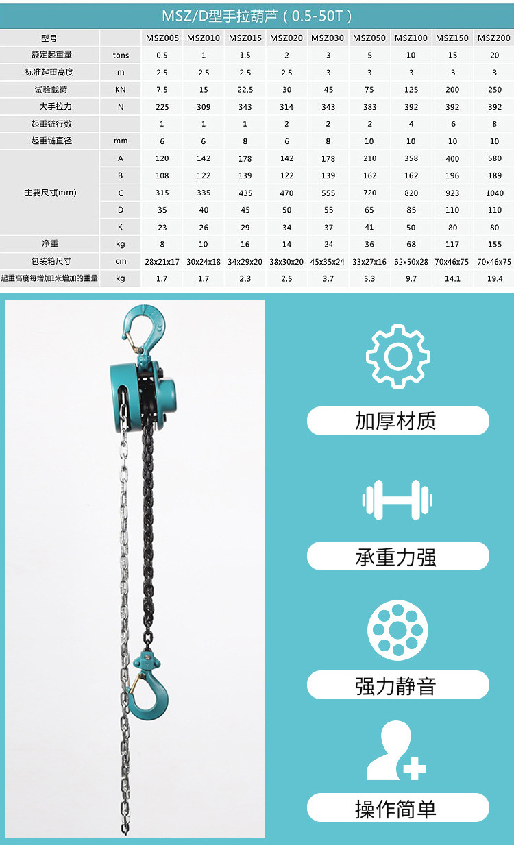 Manual manual crane with double pawls and double hooks up and down ensures lifting safety. The chain is overloaded and does not break