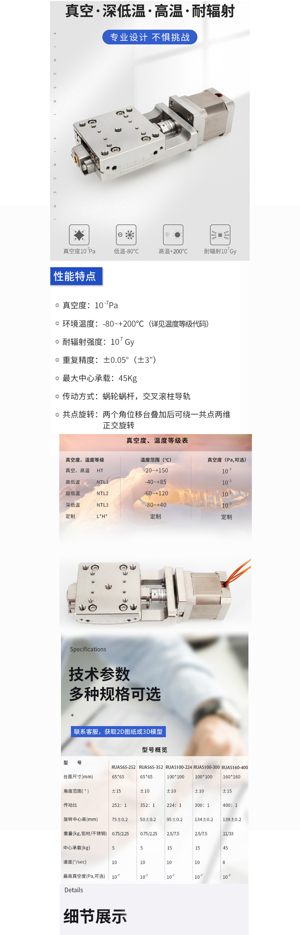 Ruiyu vacuum high and low temperature angle sliding table angle positioning table RUAS meets the requirements of low temperature magnetic free