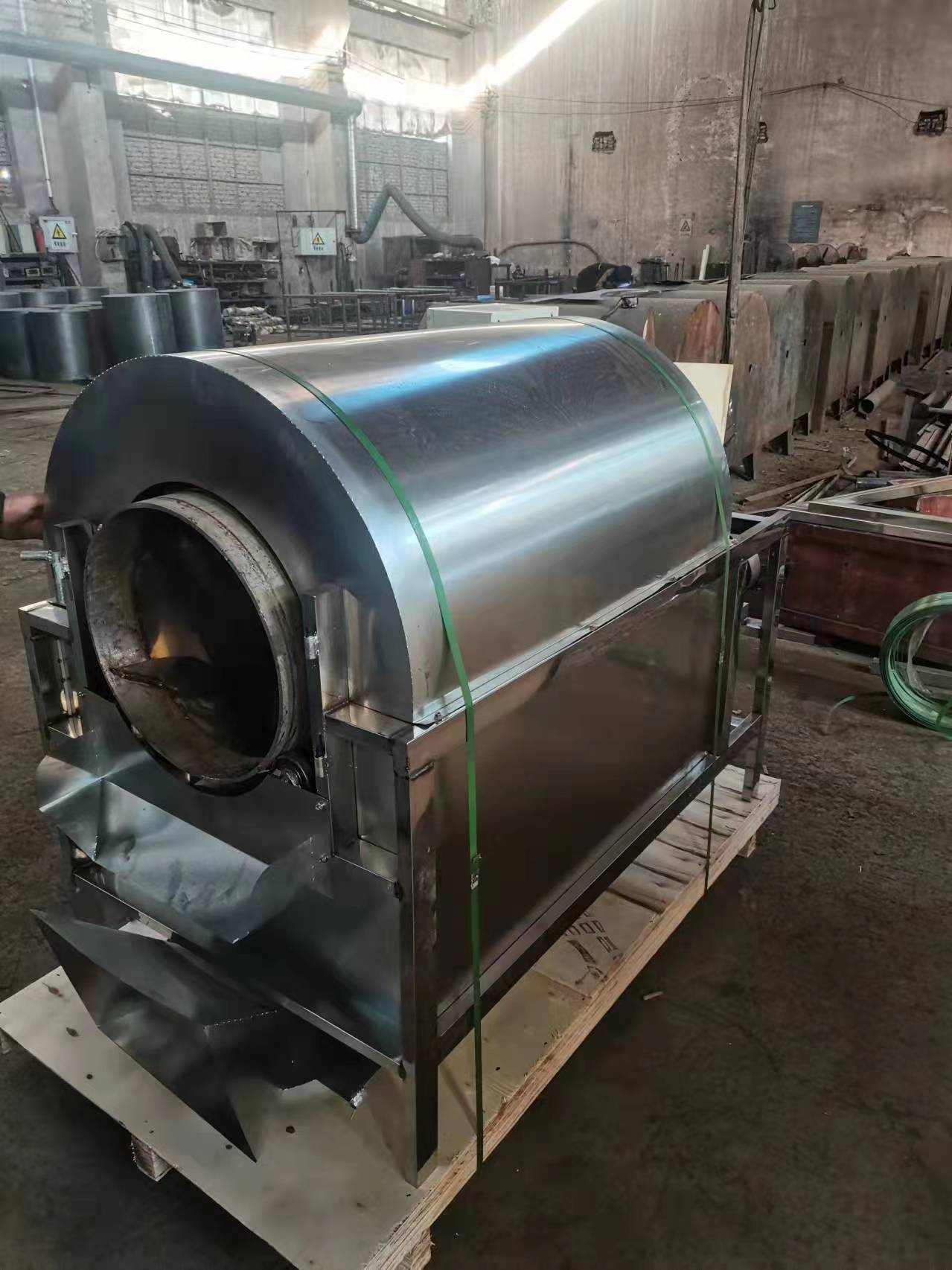 Large filling frying machine, drum frying pan, electromagnetic heating, horizontal stirring frying pan