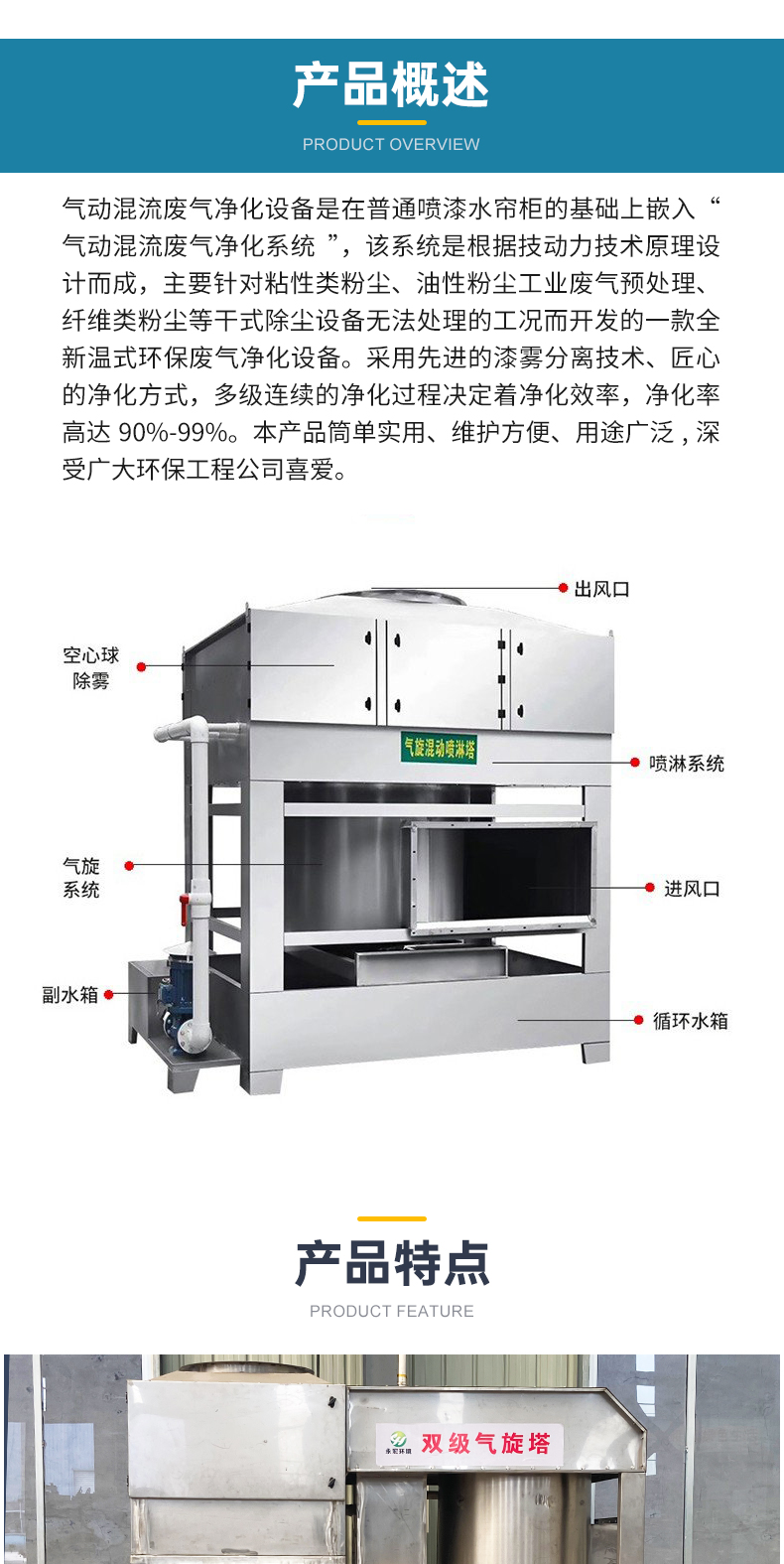 Double stage cyclone tower equipment, stainless steel PP material, customized dust removal and cooling, cyclone hybrid spray tower, Yonghong Environment