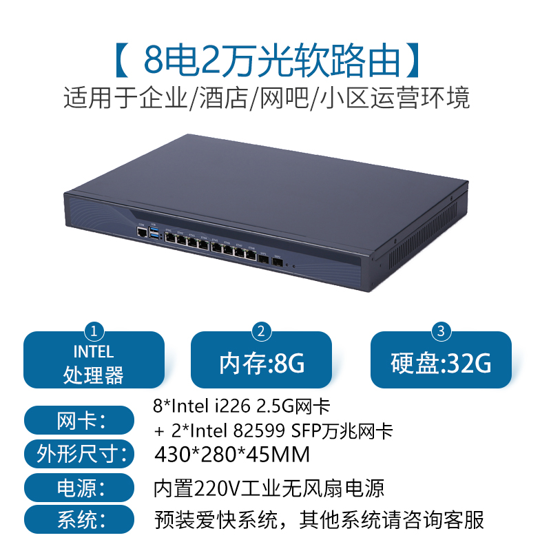 8-port with 10 Gigabit optical port 82599 soft router, 4th generation i7 Gigabit x86 industrial computer, low power consumption for enterprise servers