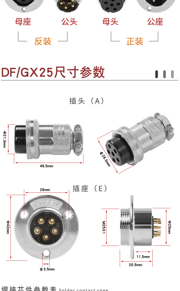 Aviation plug flange connector GX25-4 core copper core gold-plated dust cover DF25 M25 round female seat