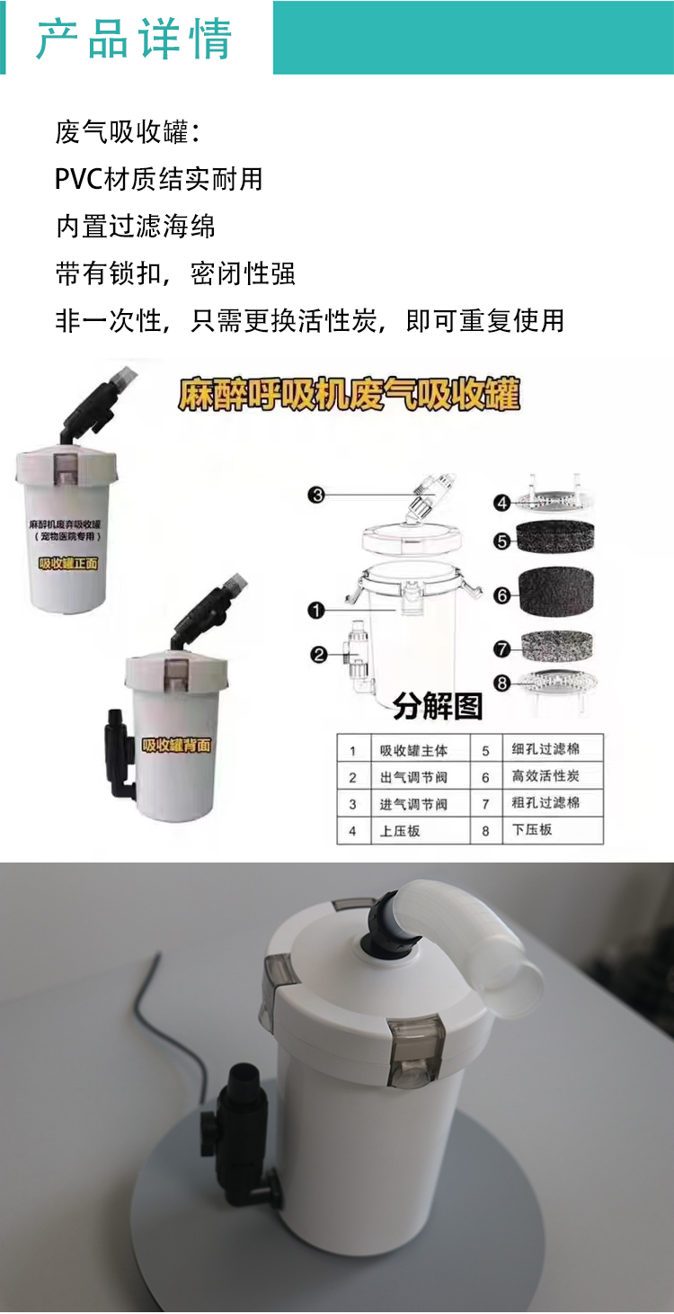 Reusable waste gas recovery and absorption tank manufacturer for small animal anesthesia machines, non disposable