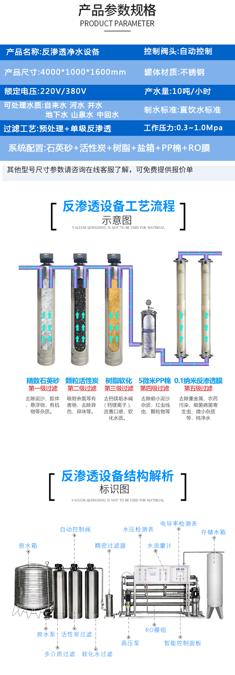 Reverse osmosis RO purified water treatment equipment, well water, river water, groundwater treatment, direct drinking water standard 4T tons/hour