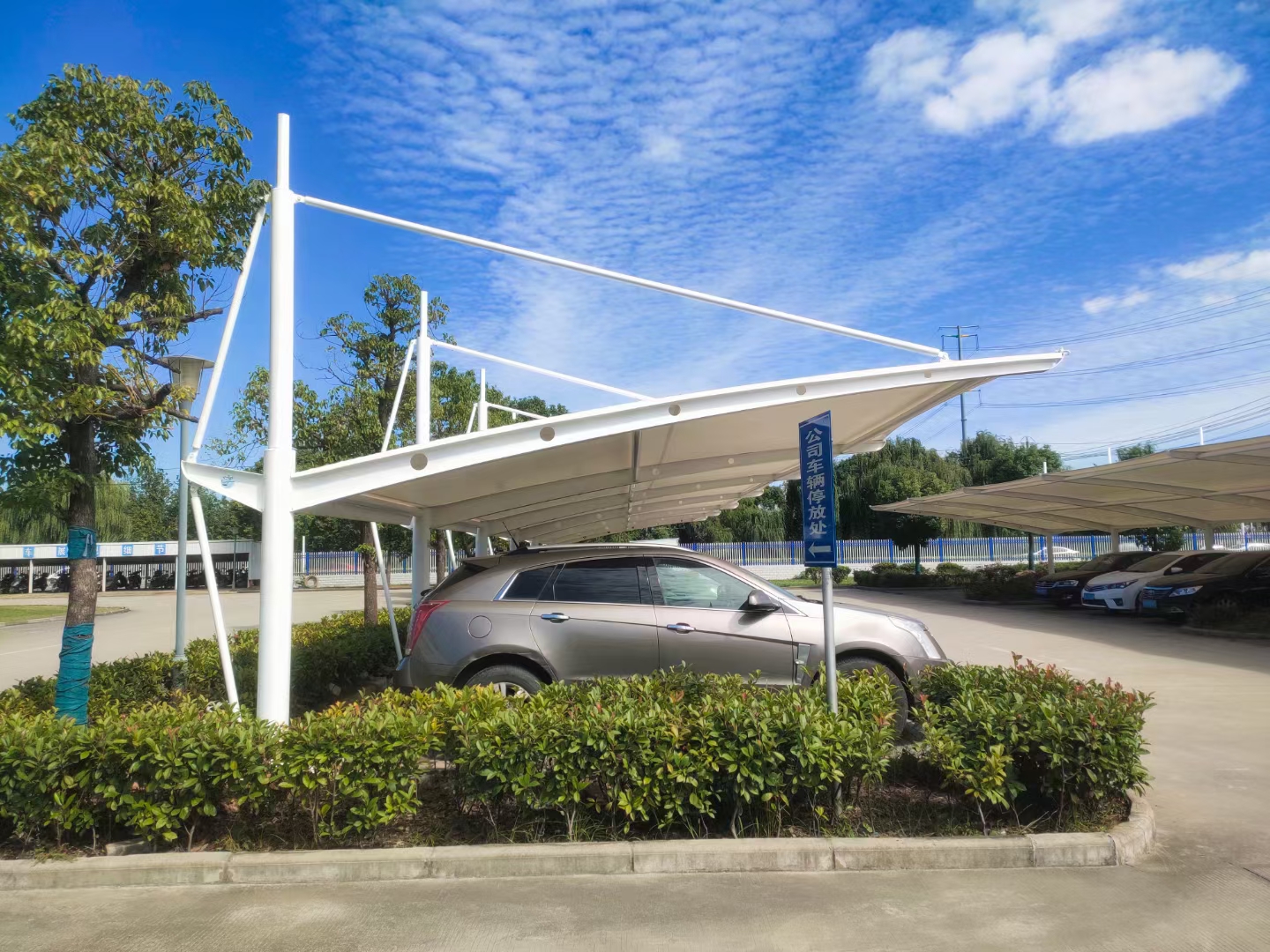 Outdoor 7-shaped membrane structure car parking shed, charging pile shed, electric bicycle shed, tension film sunshade