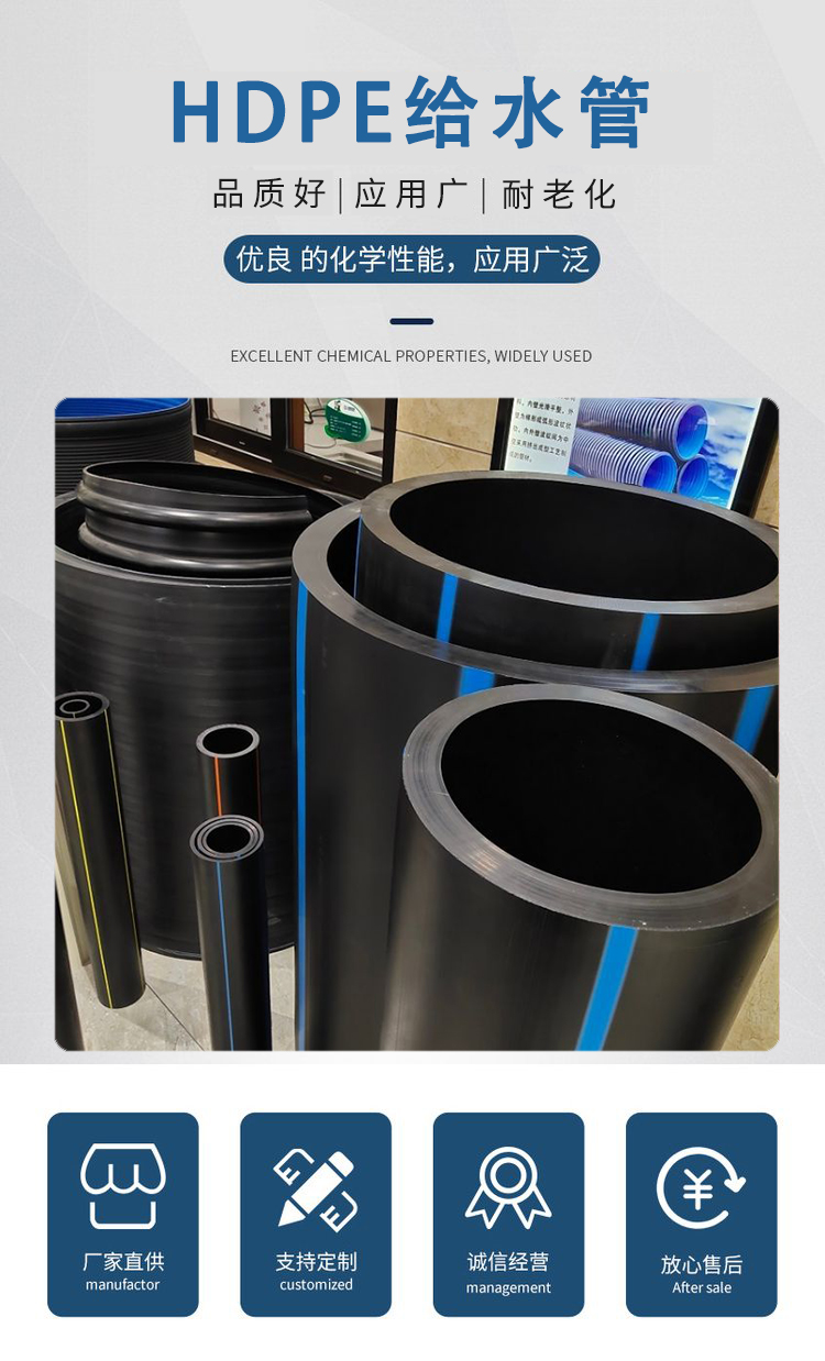 Large caliber HDPE municipal water supply pipeline DN20~DN630 PE100 grade raw materials