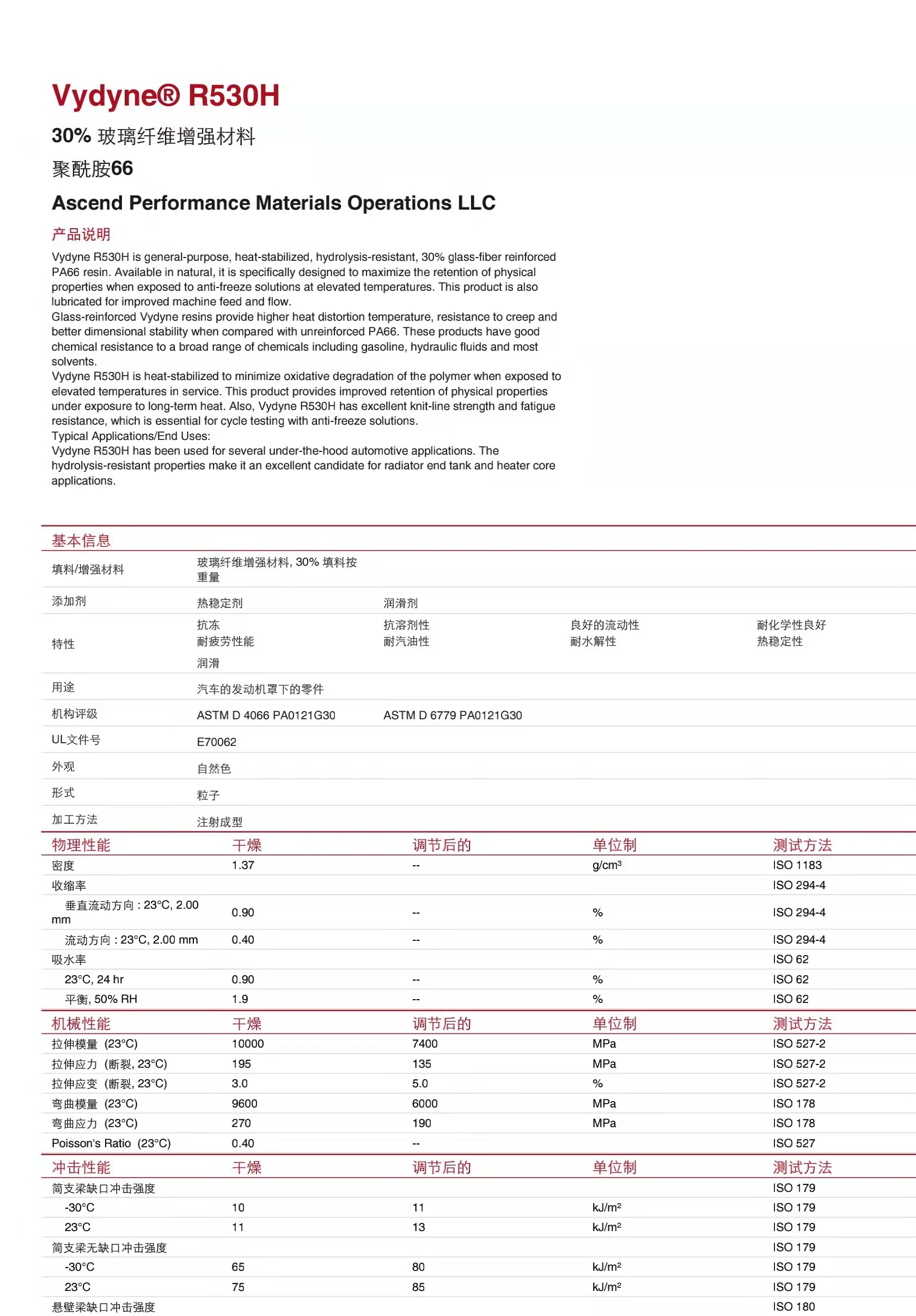 UV resistant reinforced nylon PA66, American Shounuo R530H, 30% glass fiber, high strength, fatigue resistance, and thermal aging resistance