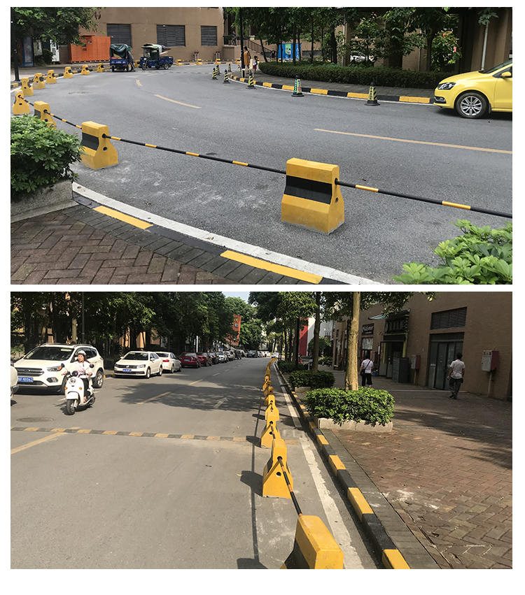 Cement isolation pier, middle guardrail, parking lot, yellow and black warning pier, concrete enclosure pier