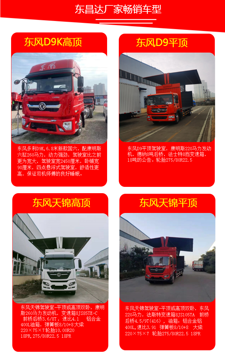 2023 Dongfeng Tianjin Cummins 260 horsepower 9-meter 8-box flying wing car with front four rear four trucks