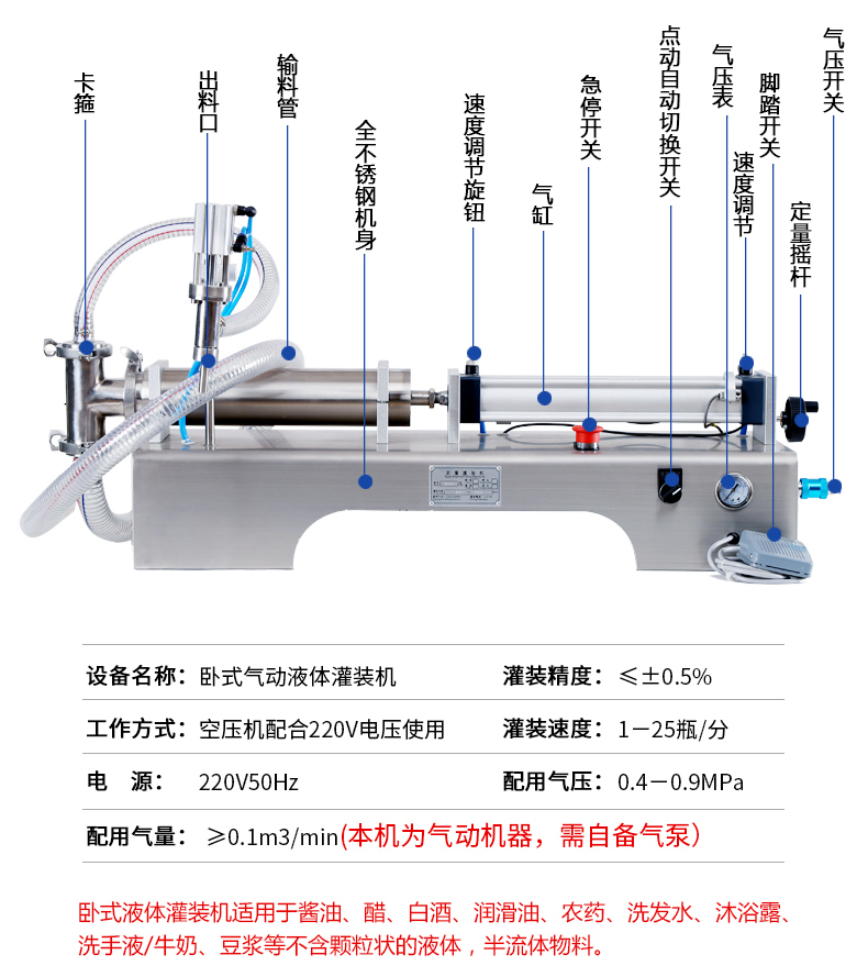 Horizontal pneumatic liquid filling machine Small liquor filling and dispensing machine 304 stainless steel