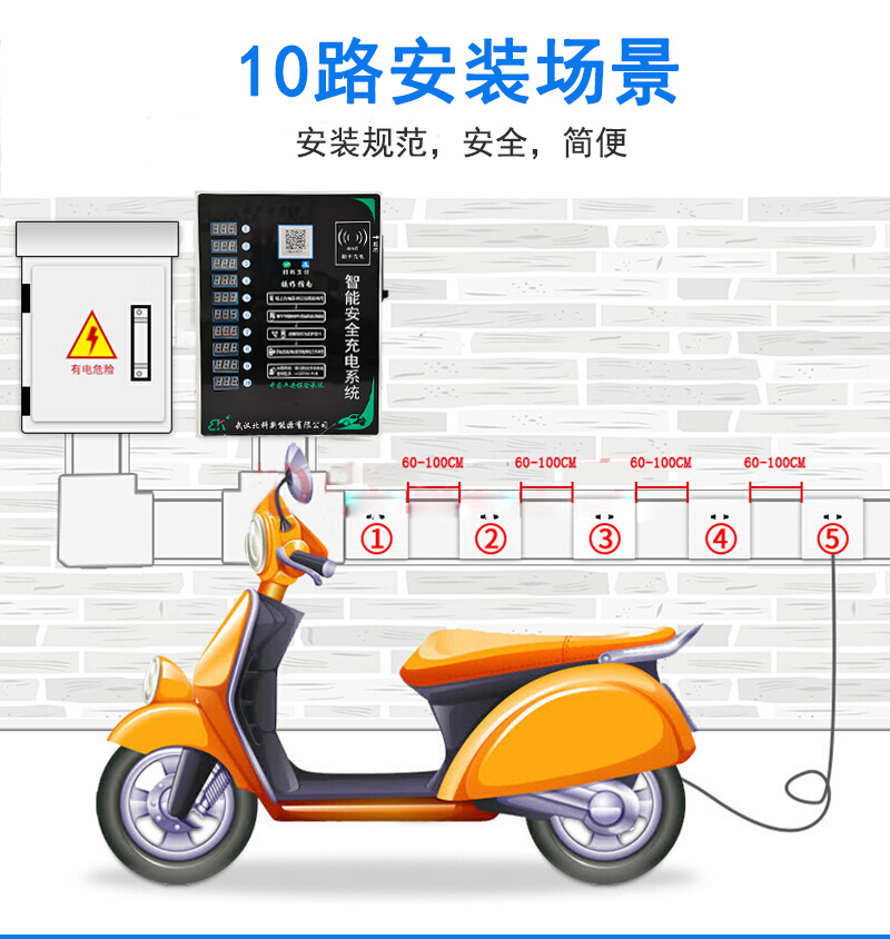 Electric vehicle charging station with two wheels and 10 channels of intelligent code scanning, charging, coin swiping, card swiping, charging socket for fast charging