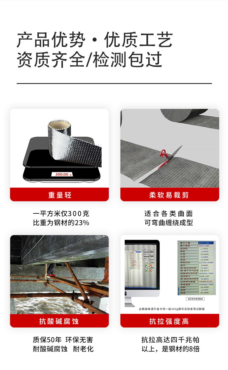 Carbon fiber cloth crack repair, national standard reinforcement building material, bridge reinforcement, unidirectional 300g for concrete buildings