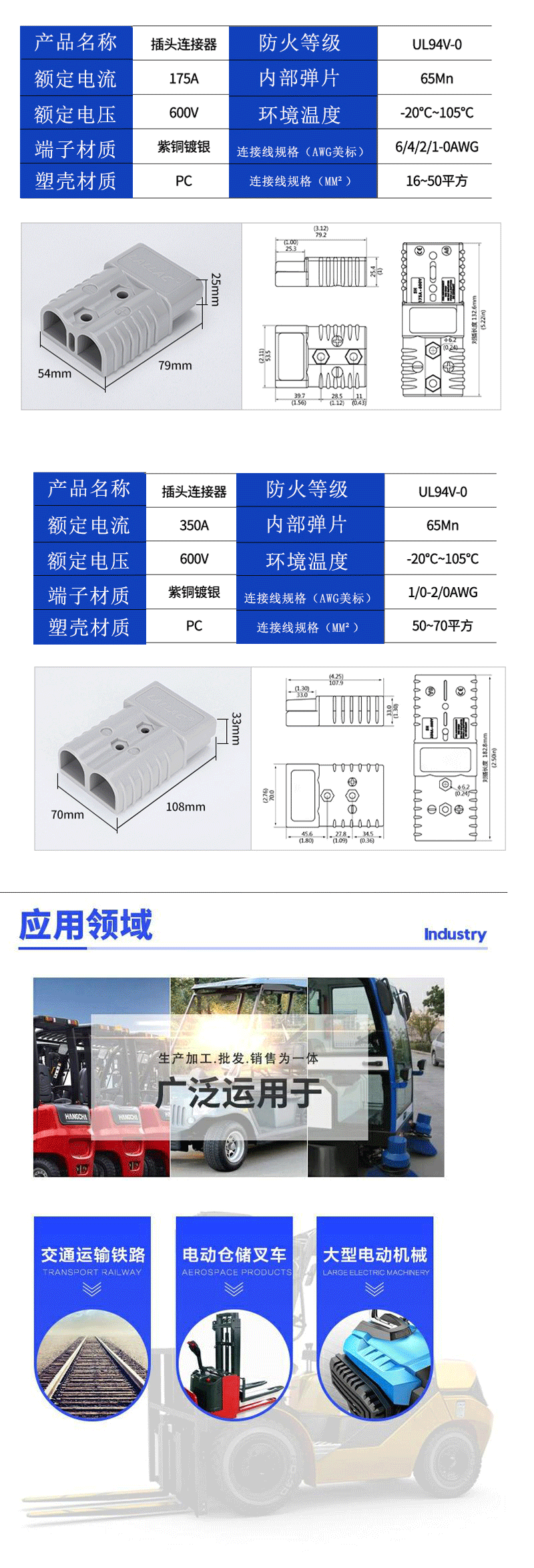 Anderson electric forklift charging male and female plug 50A waterproof battery plug-in high current connector terminal