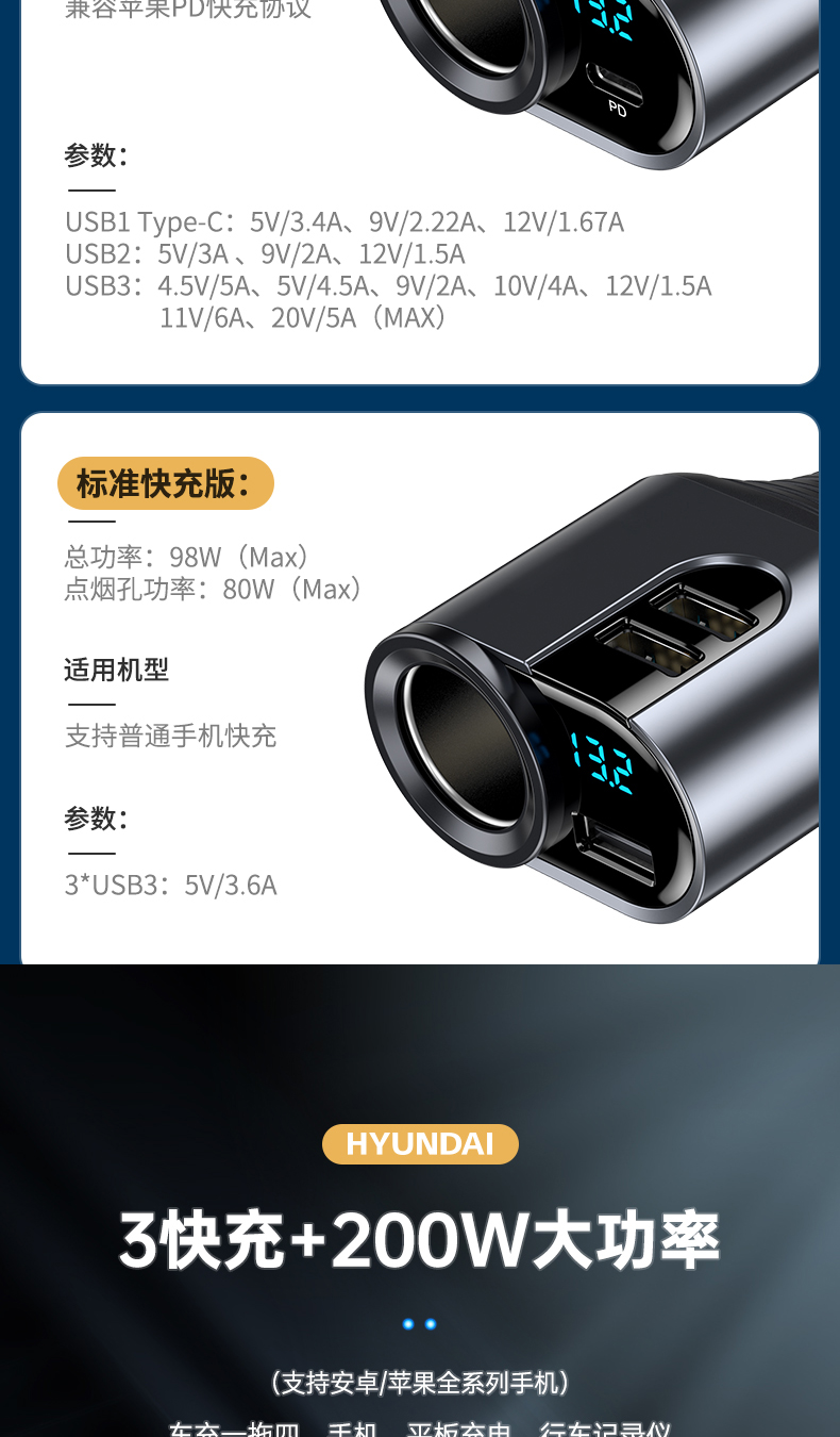 Single hole three USB car charger, small size, light weight, convenient carrying, high power, stable performance, C30