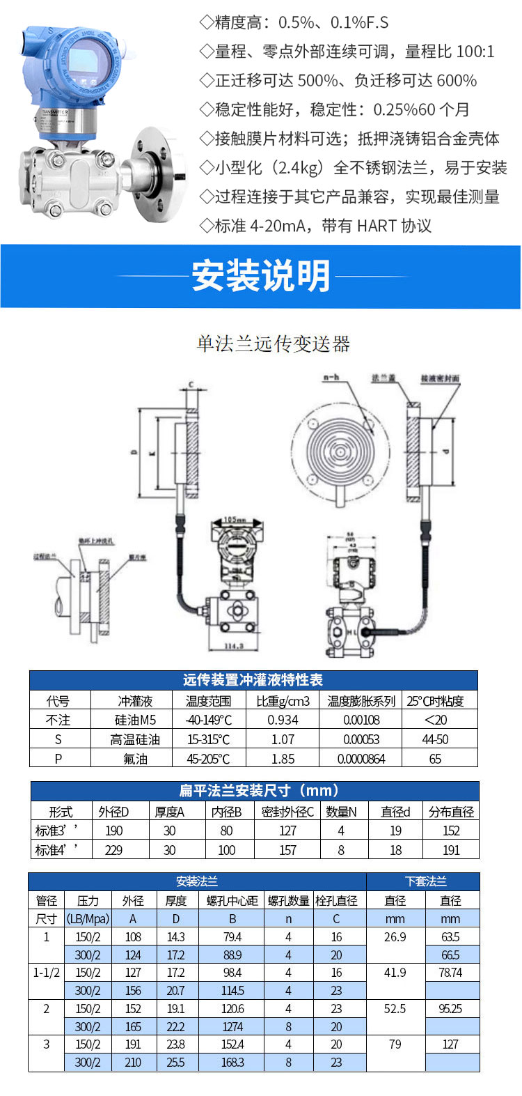 Gold standard instrument intelligent single crystal silicon 3051 single and double flange tantalum diaphragm anti-corrosion differential pressure liquid level pressure transmitter