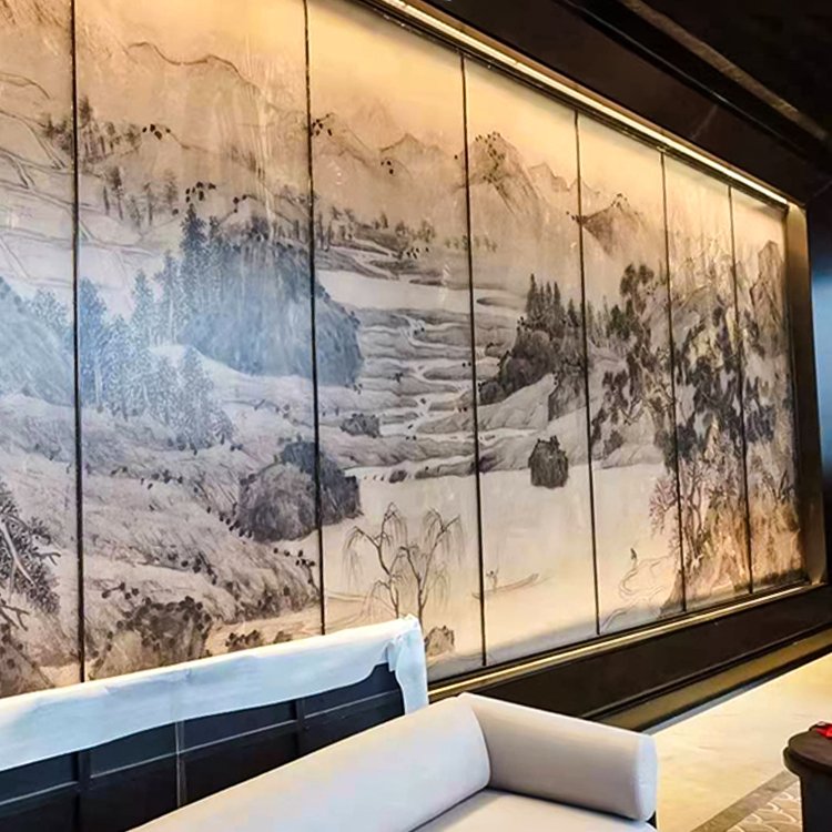 Sandwich glass landscape painting screen with silk clip and high-end hotel background wall with Chinese style style