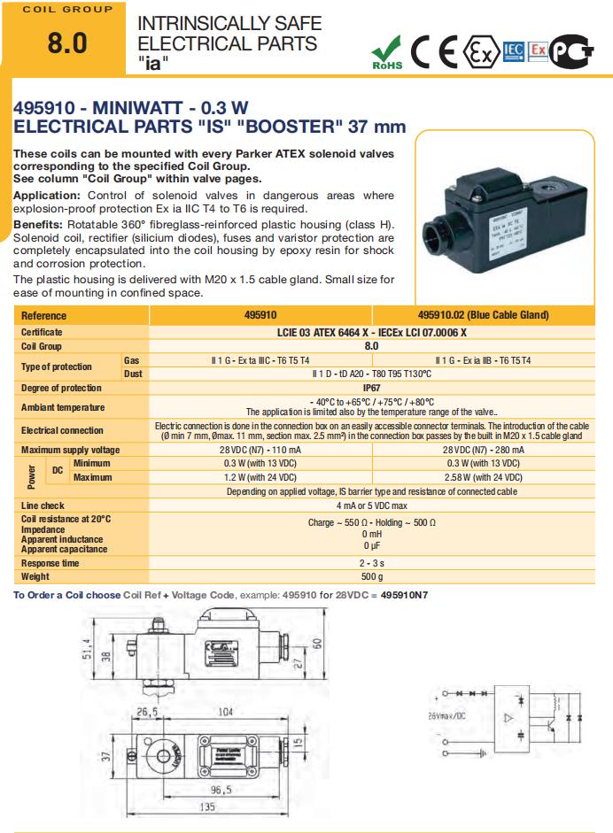 PARKER fluid control solenoid valve electrical components explosion-proof coil 495910N7