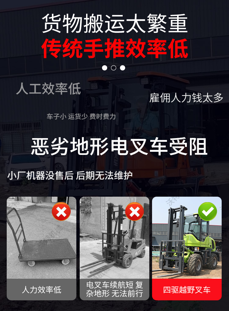 Four cylinder capacity of 2 tons, 3 tons, 4 tons, and an increase of 3 meters and 5 meters for urban sanitation forklifts. Construction, road repair, off-road forklifts