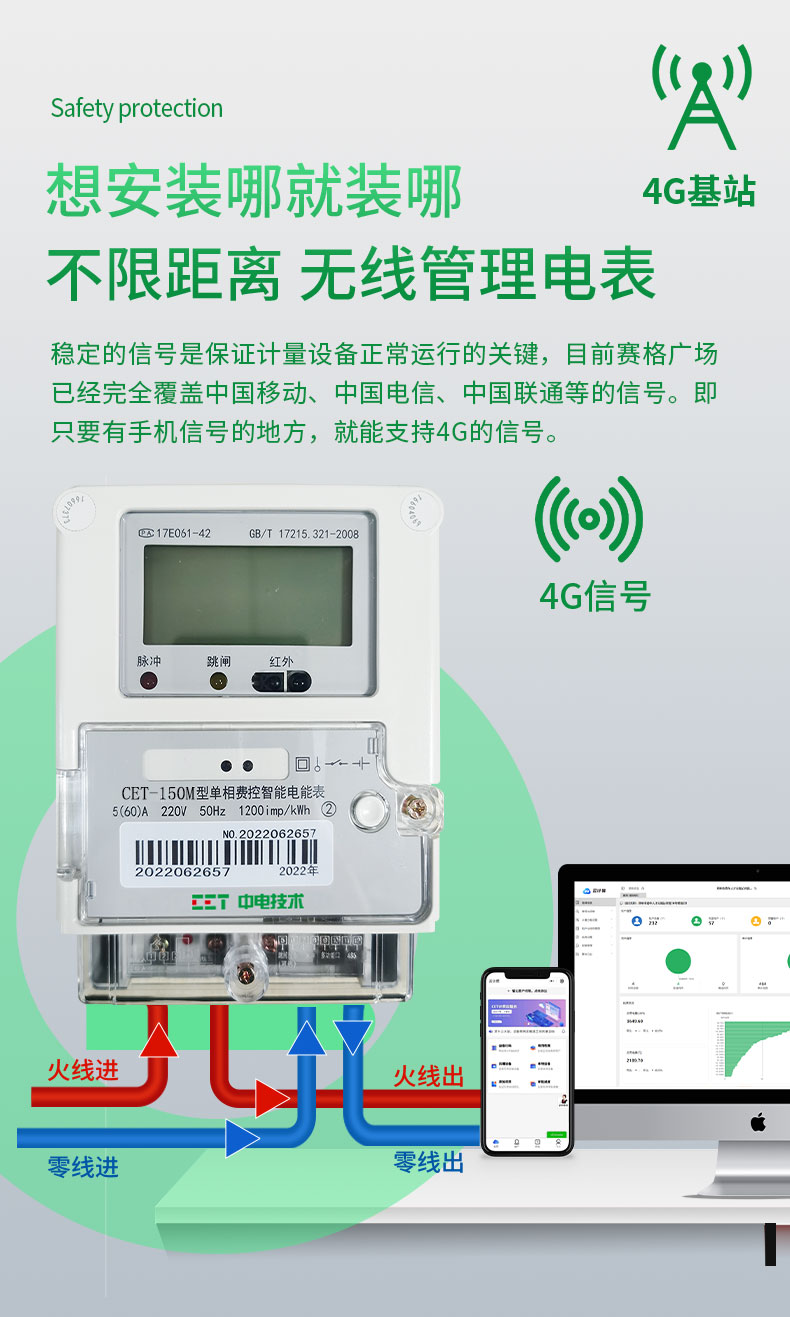 Single-phase wall mounted electricity meter -4G wireless remote fee control - prepayment management system - CET technology