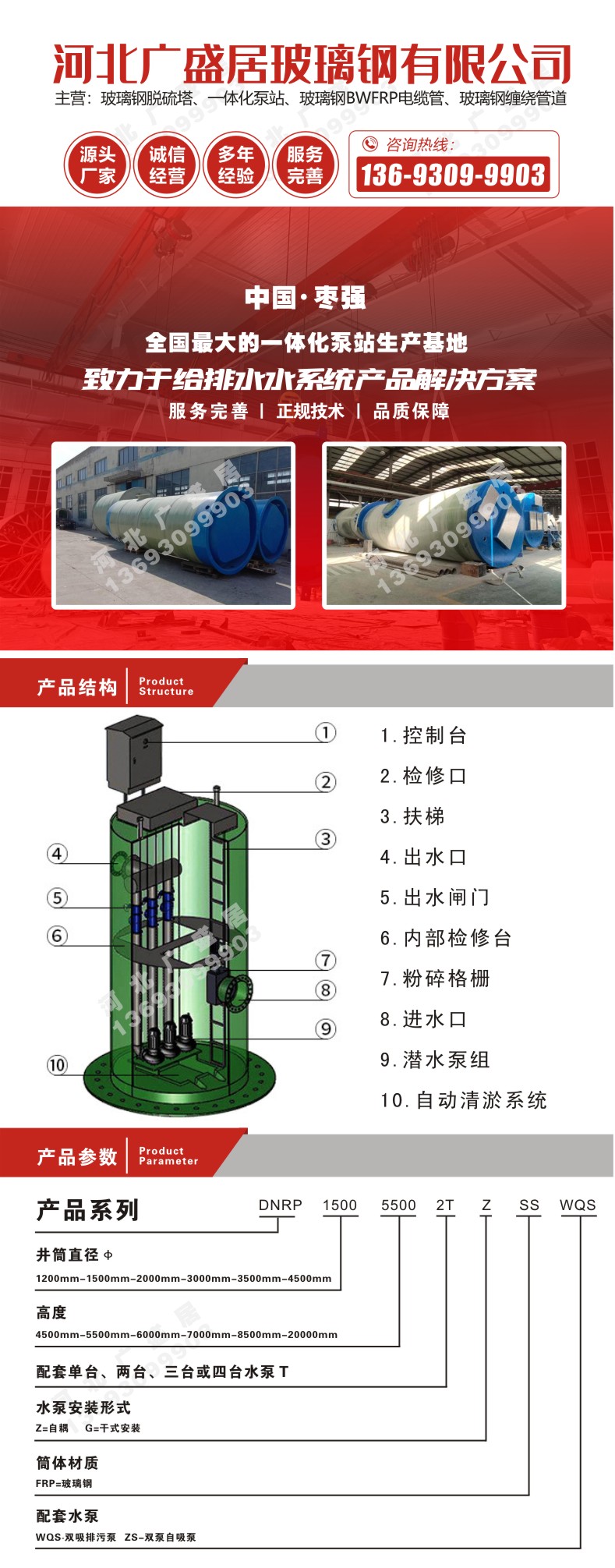 Fiberglass integrated pump station, underground rainwater pump station, unmanned intelligent drainage prefabricated lifting pump station