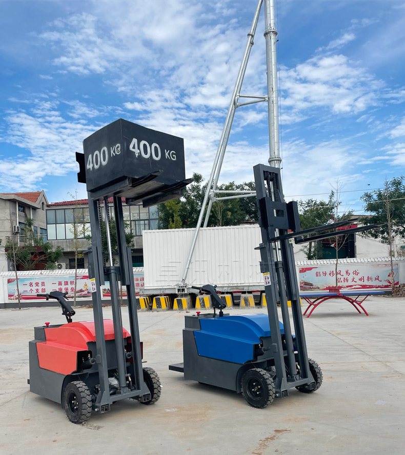 Station driven fully electric forklift for handling and stacking, hand supported vertical stacker