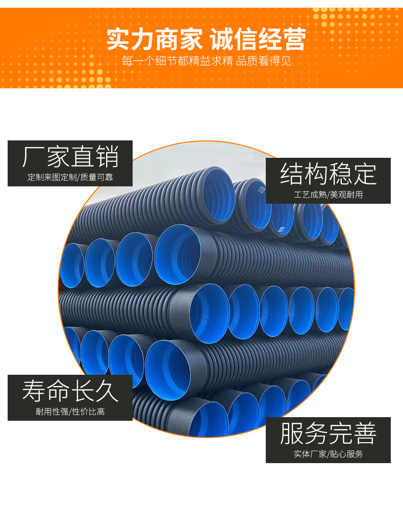 Outdoor buried underground water pipe manufacturer provides HDPE double wall corrugated pipe DN600 with complete specifications, SN8 supports customization