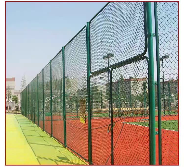 Sports field fence assembly type Japanese shaped frame guardrail, black green wrapped plastic diamond shaped hook mesh