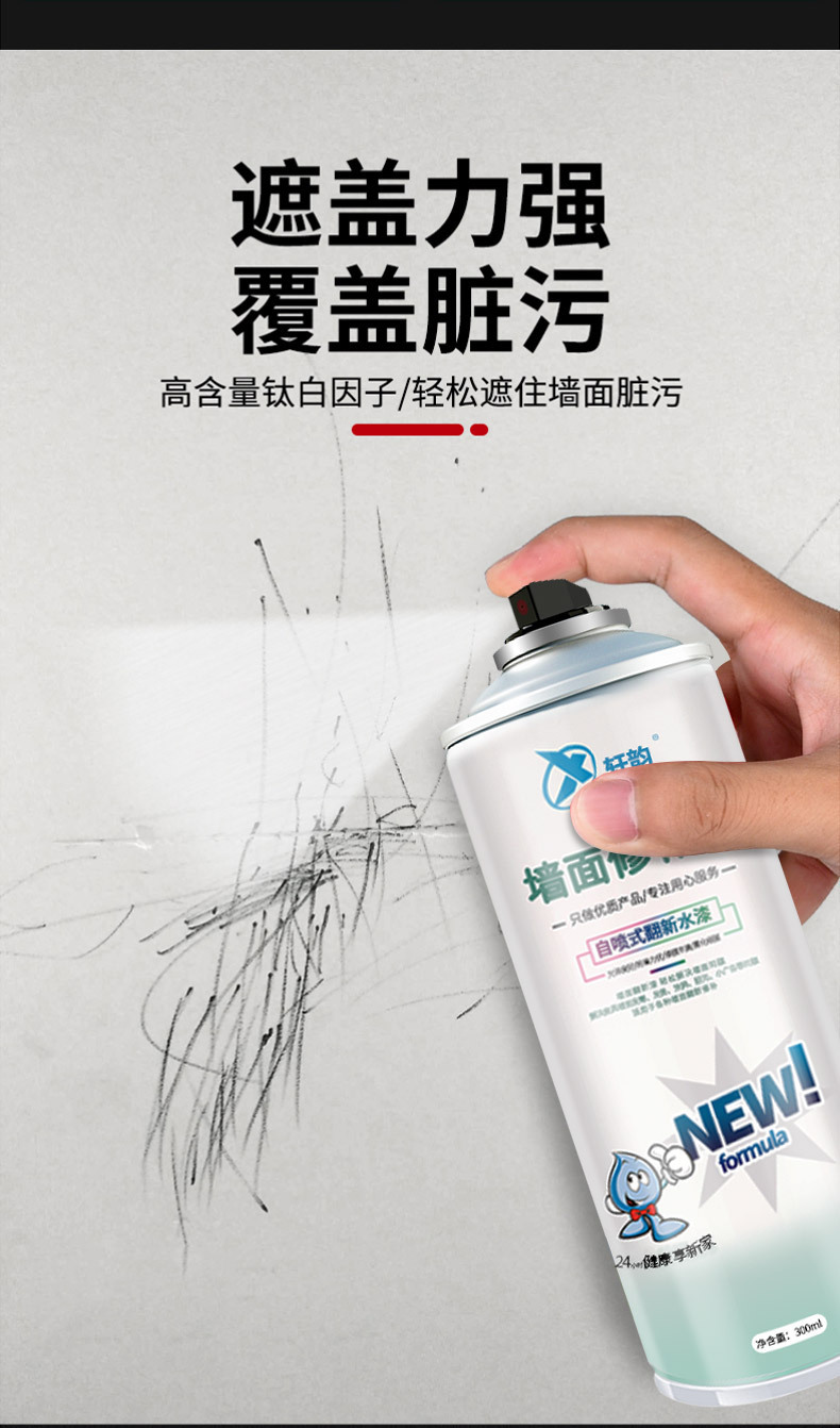 Wall repair paint, stains, graffiti coverage, self painting, interior and exterior wall paint renovation, water-based white wall repair paint