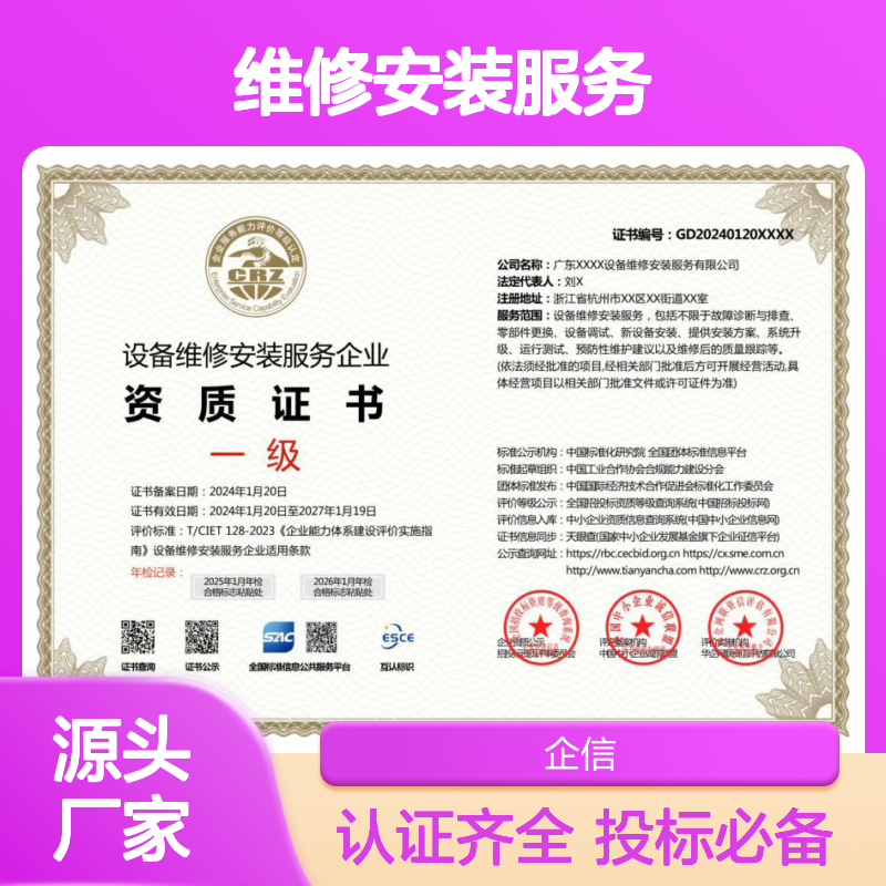 设备维修安装服务企业资质证书 多网可查 投标加分 ESCE