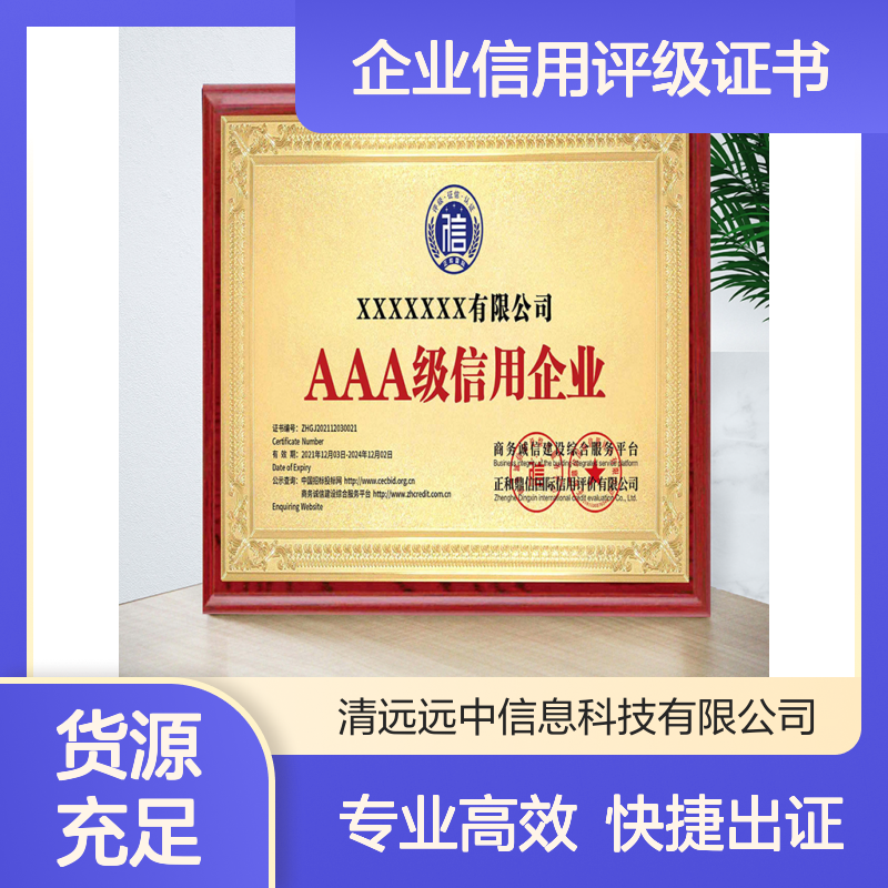 清远远中信息科技3A企业信用评级证书全套快速申办服务