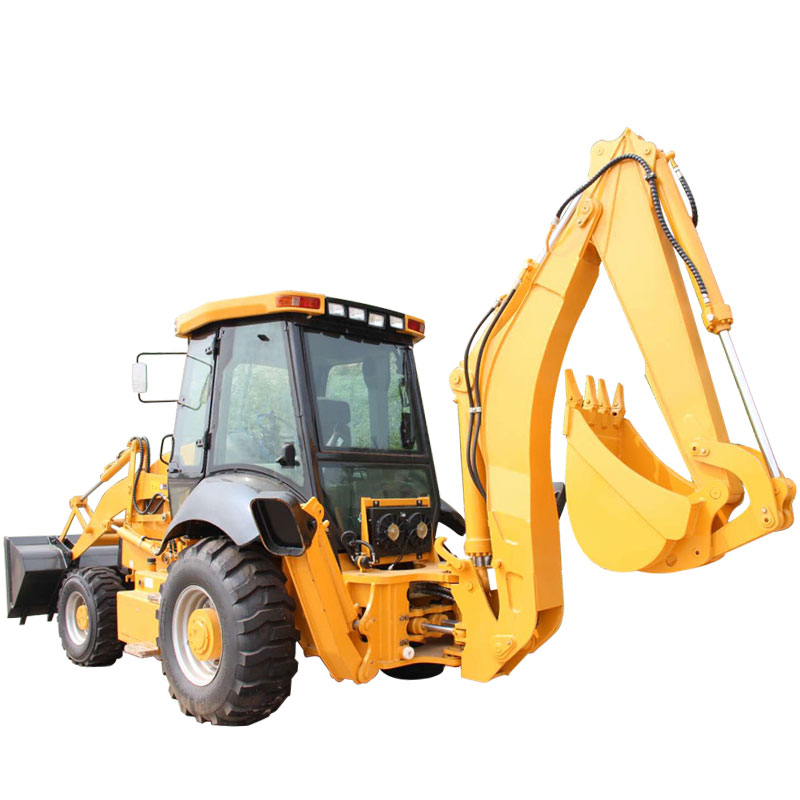 Lifting the Backhoe loader with busy front shovel and back shovel loader