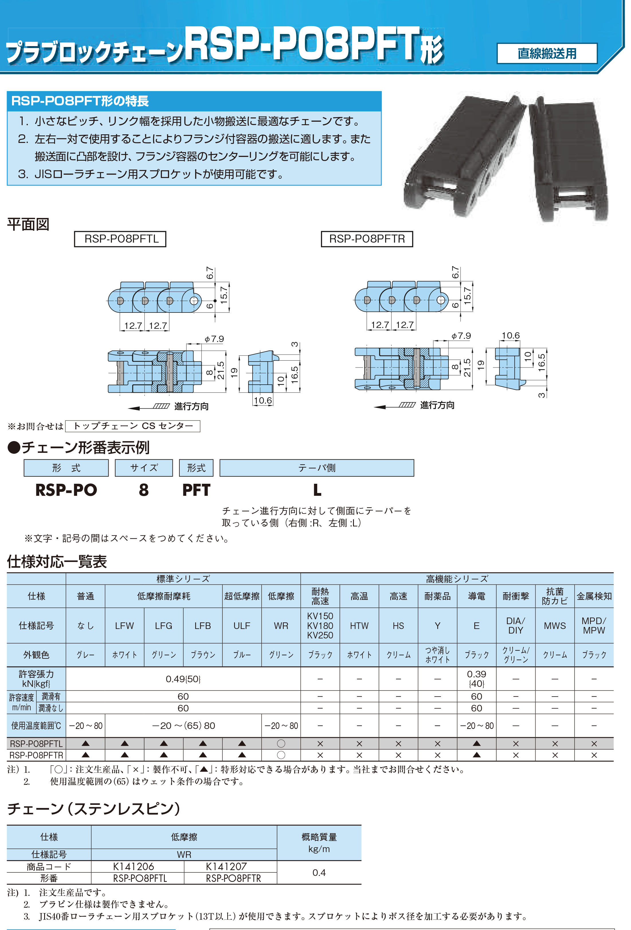 Chunben Plastic Block Chain RSP-PO8PFT Block Plastic Chain with Ribs