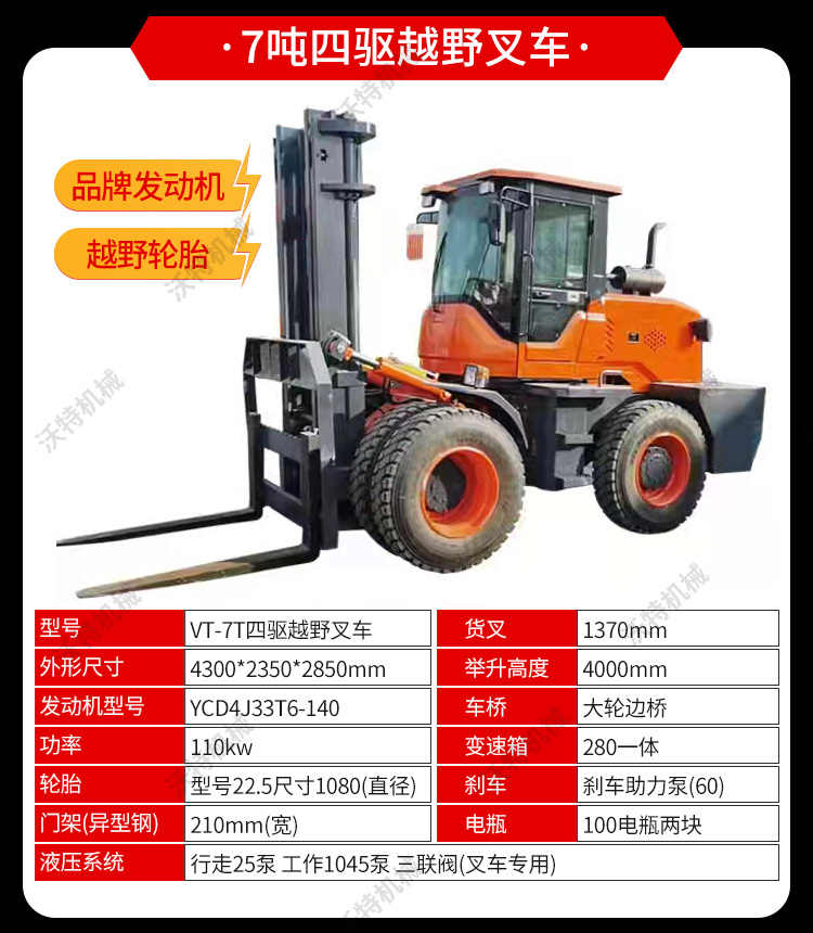 Four cylinder capacity of 2 tons, 3 tons, 4 tons, and an increase of 3 meters and 5 meters for urban sanitation forklifts. Construction, road repair, off-road forklifts