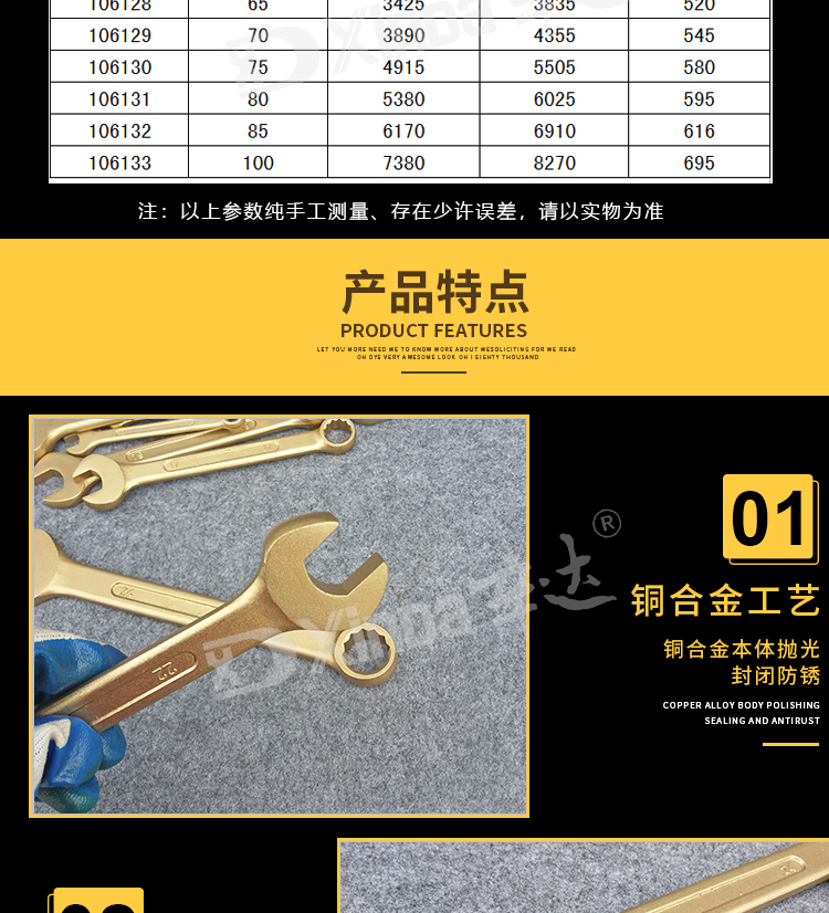 Xinda explosion-proof wrench set, copper solid plum blossom open end dual purpose plum blossom open end all copper wrench 1061