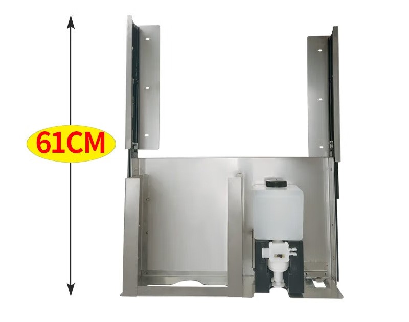 Stainless steel multifunctional mirror cabinet with concealed hand purifier embedded in an integrated slide rail mirror for hand washing, paper drawing, and hand drying