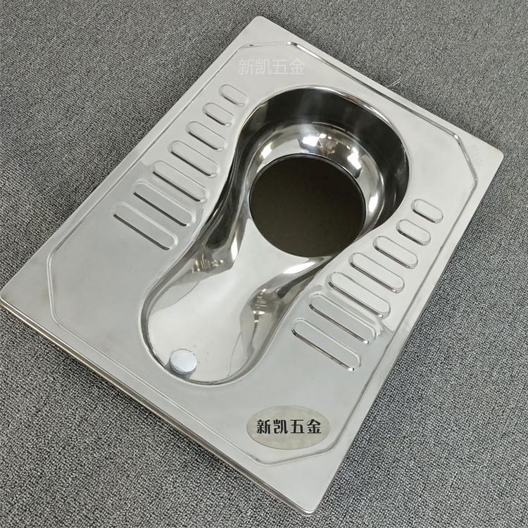 Stainless steel squatting toilet with large drainage port for both water and dry use. Rural toilets will be renovated to use squatting pits with direct drainage for large size dry toilets