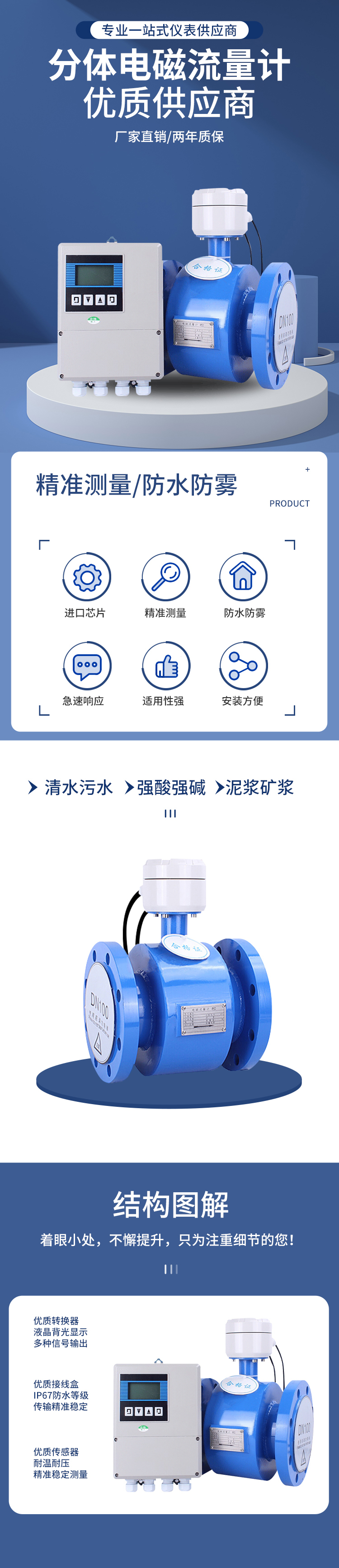 Electromagnetic flow meter has high accuracy, stable performance, strong anti-interference ability, and can measure conductive and corrosive liquids