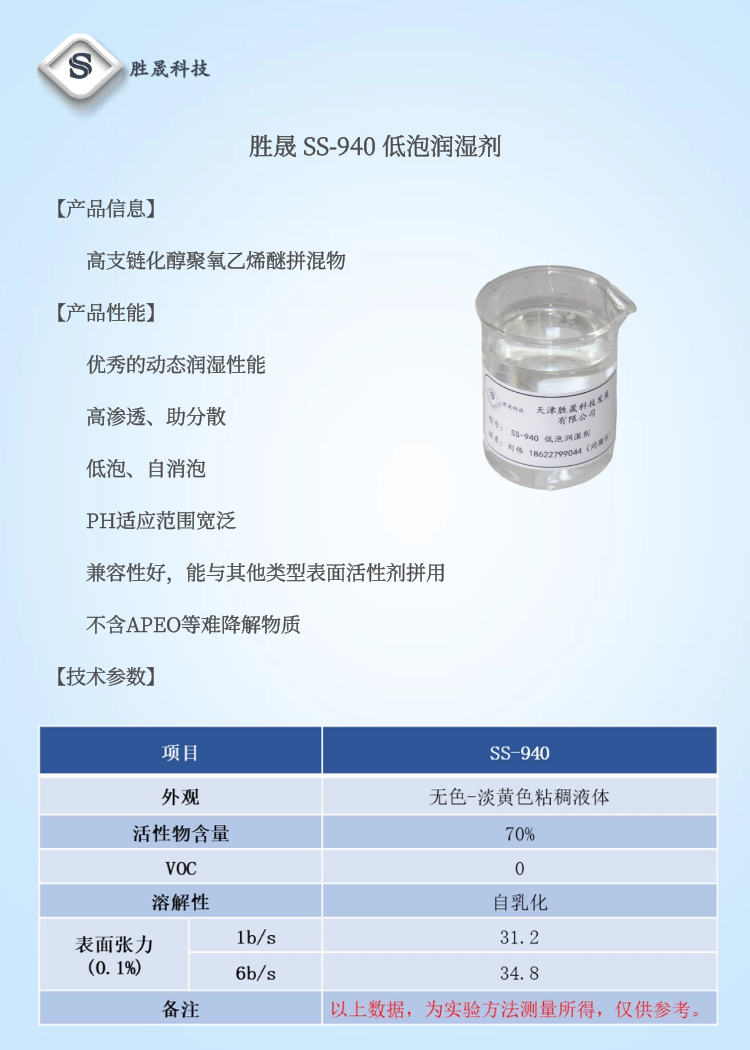 【 Shengsheng 】 Film coating adhesive water-based dry coating adhesive with low foam wetting agent SS-940