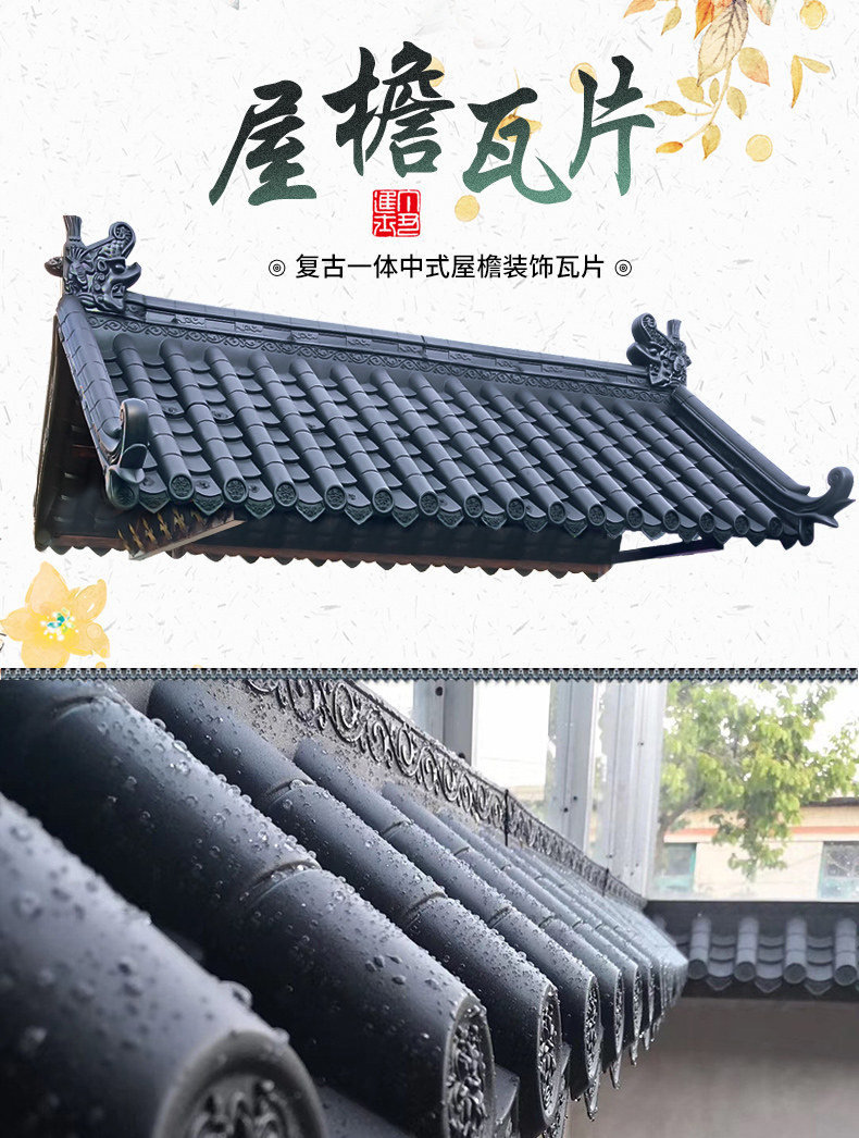 Antique eaves integrated with resin tiles and plastic decoration, Chinese style gatehouse wall, ancient building roof, glazed roof, and thick tiles