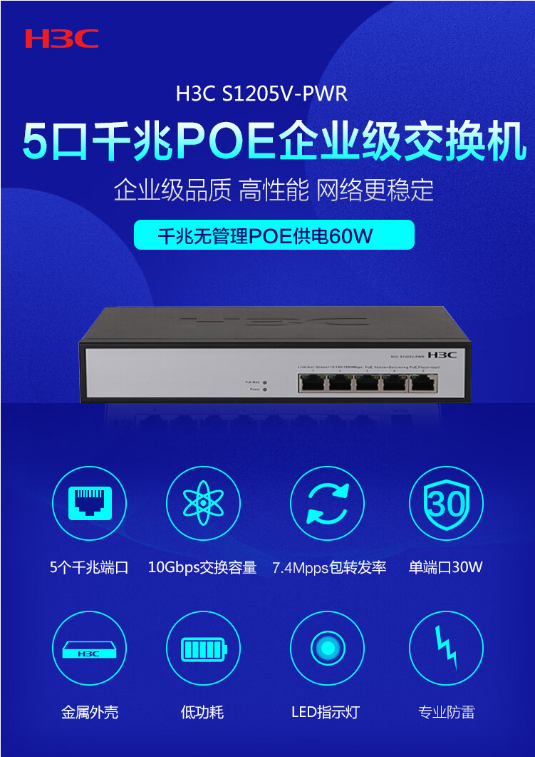 H3C 5-port Gigabit Unmanaged Enterprise POE Switch 60W Power Supply S1205V-PWR