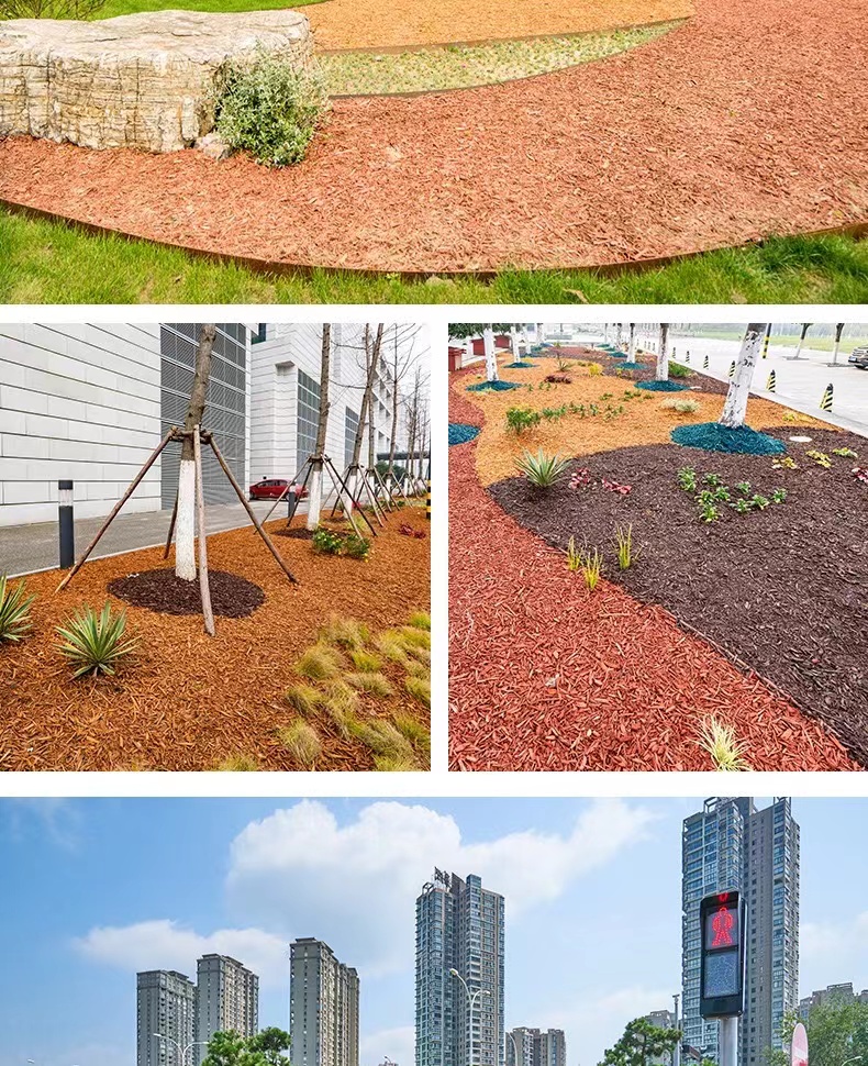 Dyed organic covering, tree pit filling, landscaping, flower bed beautification, sawdust, colored bark