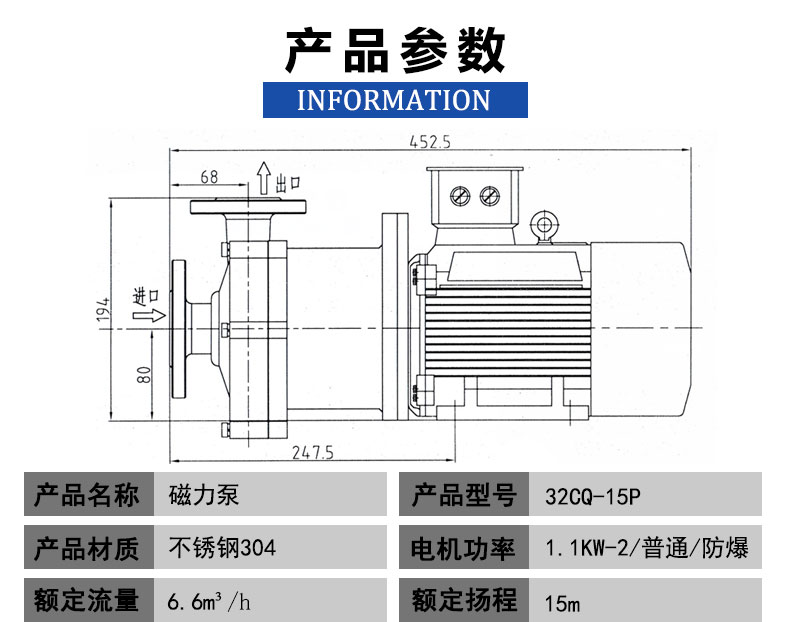 CQB High Temperature Stainless Steel Magnetic Pump for Chemical Plants CQB50-40-160 Magnetic Drive Pump