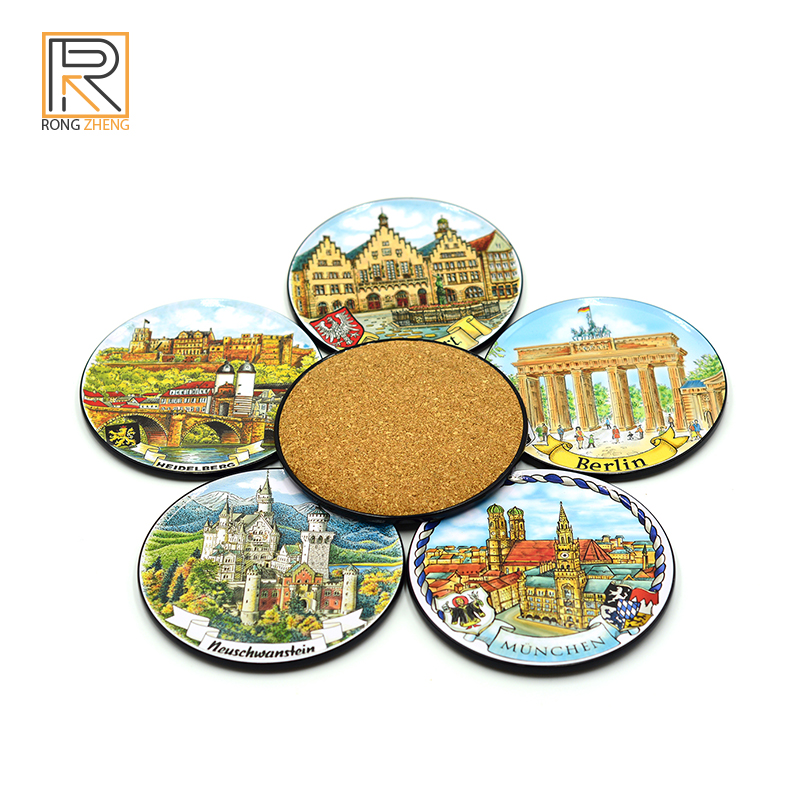 Manufacturer's supply of tinplate coasters, iron box sets, round cork coasters, 4 sets, 6 sets