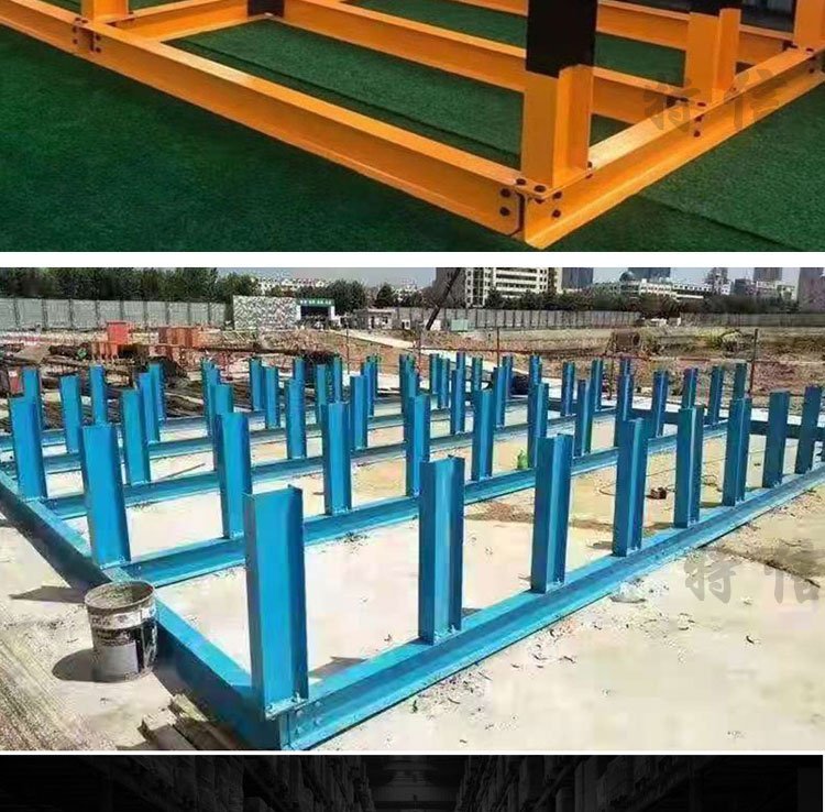 Scaffolds for placing steel bars on the construction site. Stacking of steel bars on the construction site. Scaffolds for steel bars on the construction site. Ruishuo has a large stock of steel bars in stock