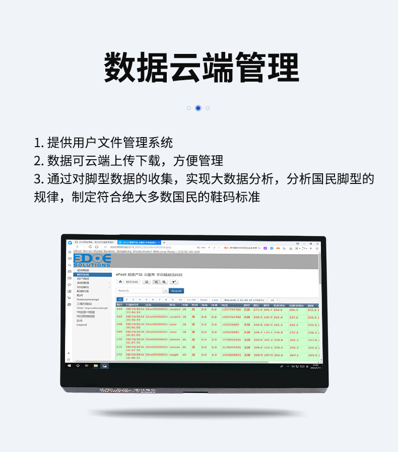 Shoe last foot shape scanner collects 3D data measurement output report, foot measurement deposit