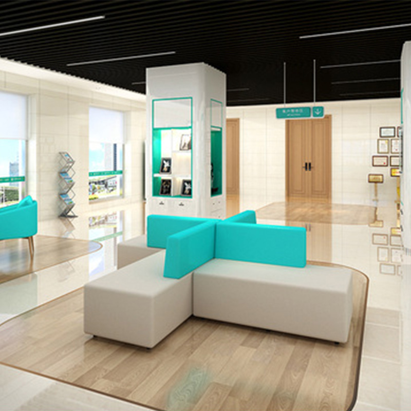 Modern minimalist and irregular office reception area, double sided sofa, office furniture and leisure combination