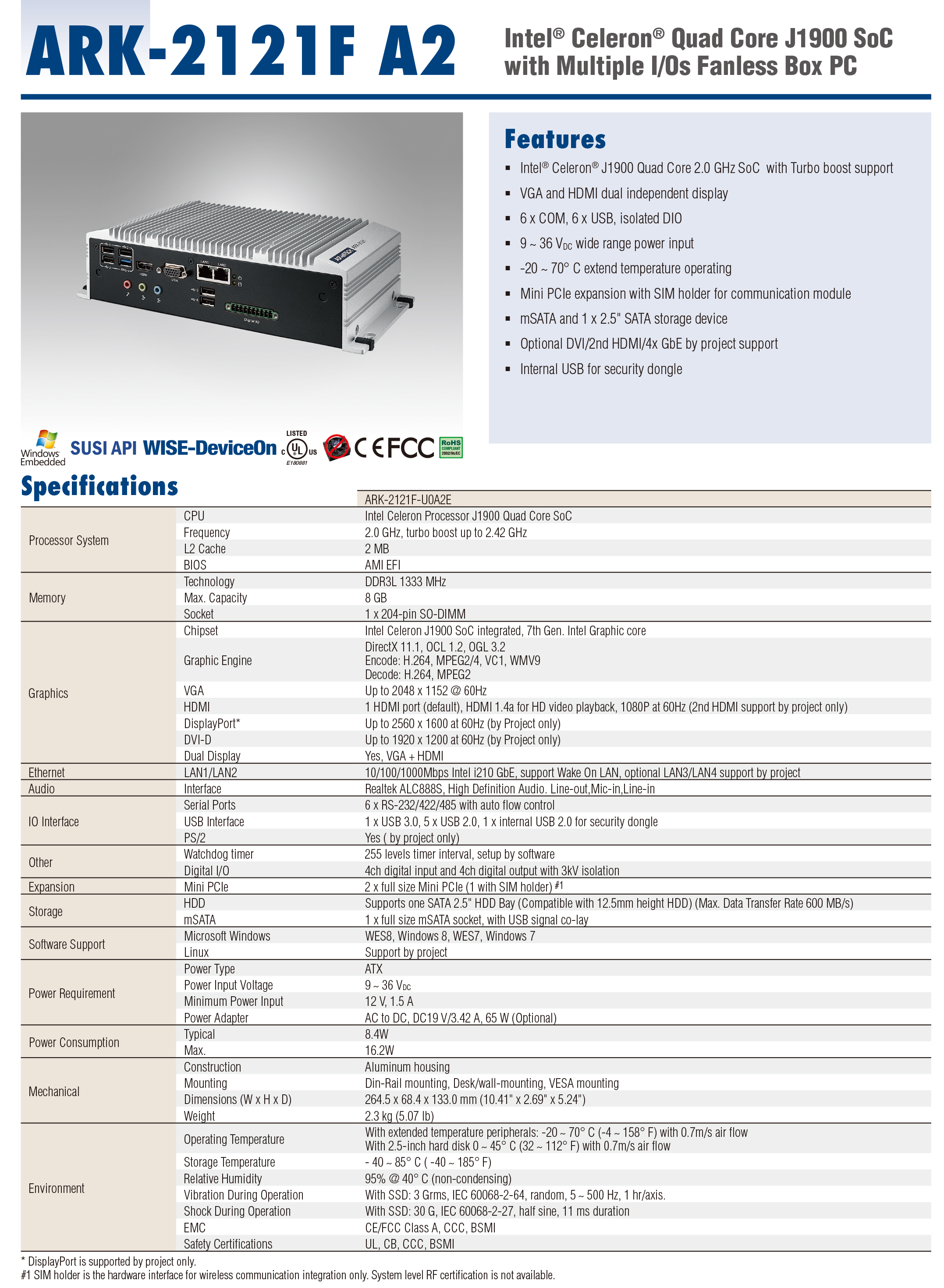 Advantech Industrial Computer ARK-2121F-U0A2E 4-core J1900 embedded 6-string GPIO dual network port win7 system